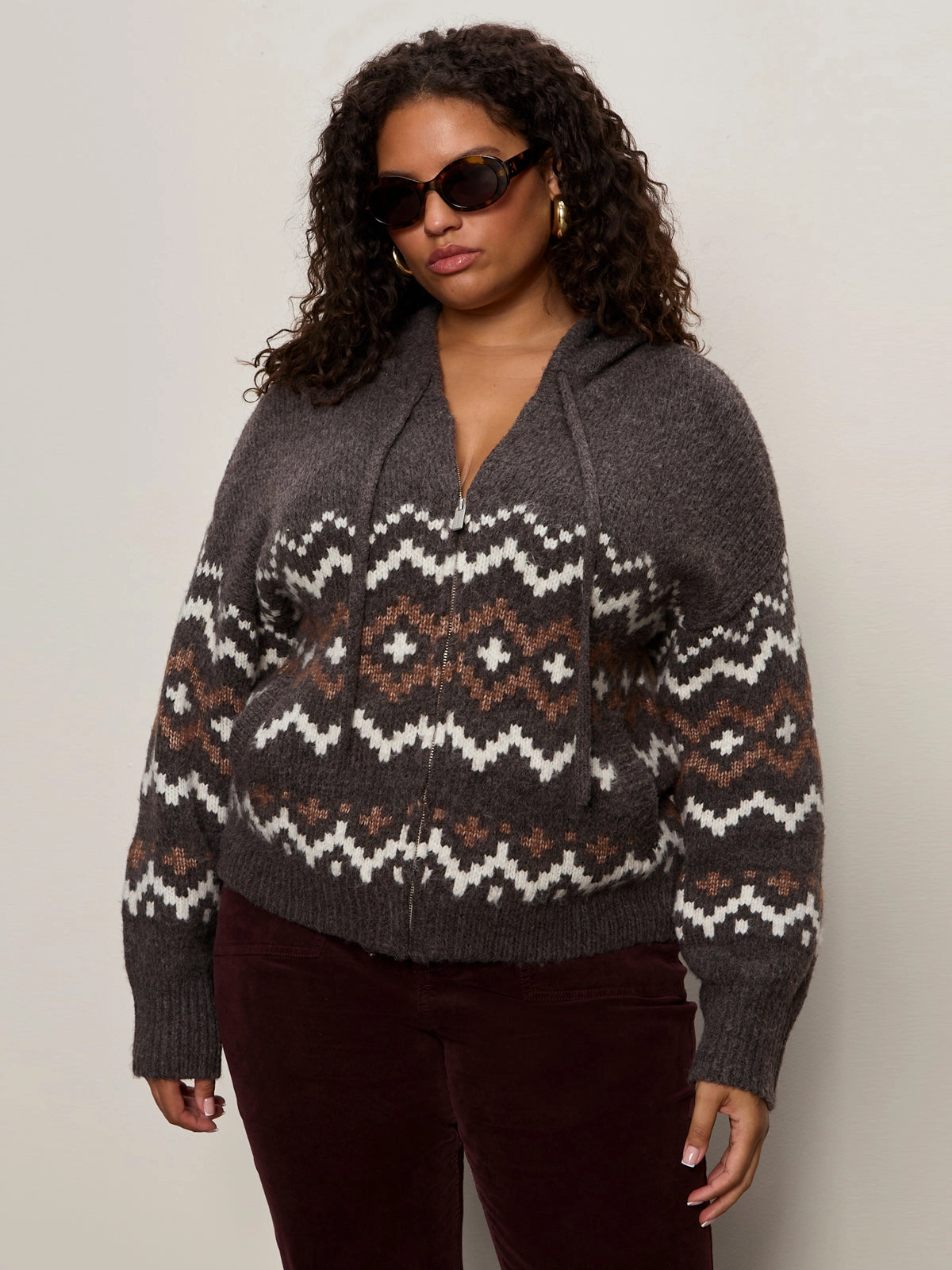 Zip-Up Fairisle Hoodie Mocha Fairisle Extended Sizing Everyday Use Secure Zip Pockets