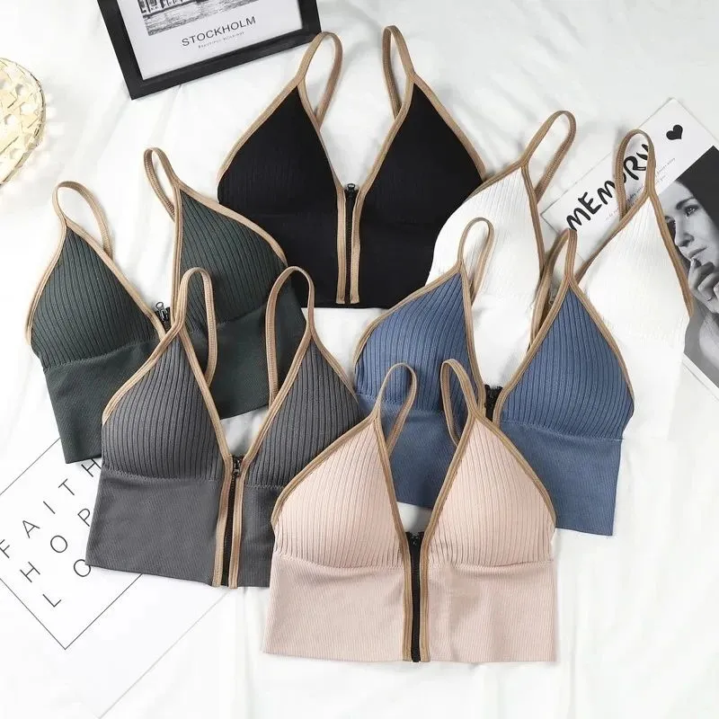 Zipper Crop Top Black Corset Top Women Padded Lingerie Bra Tops Outfits Skinny