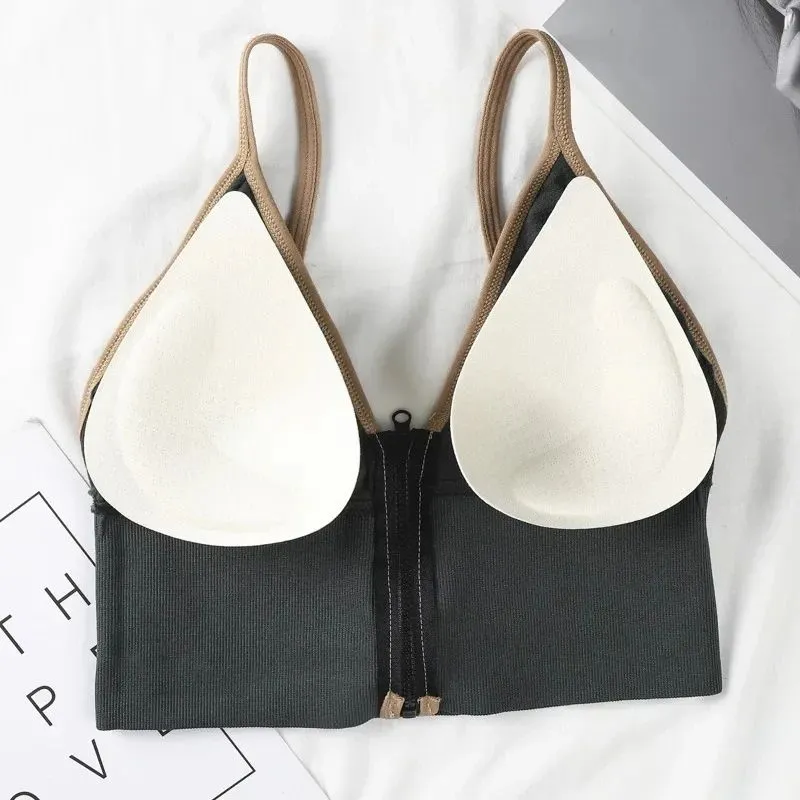 Zipper Crop Top Black Corset Top Women Padded Lingerie Bra Tops Outfits Skinny