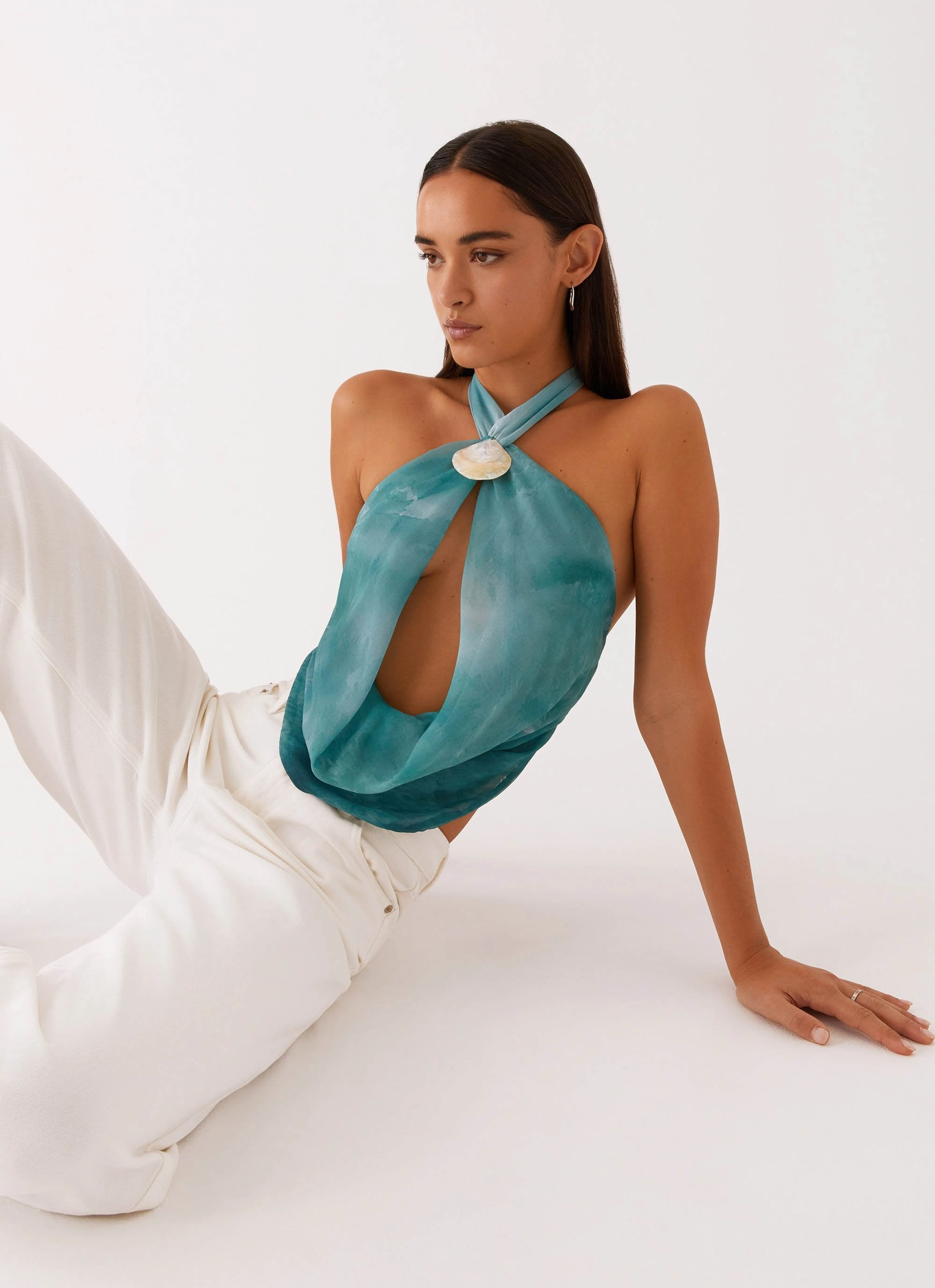 OversizedFit Zola Cowl Neck Shell Top - Green Tie Dye