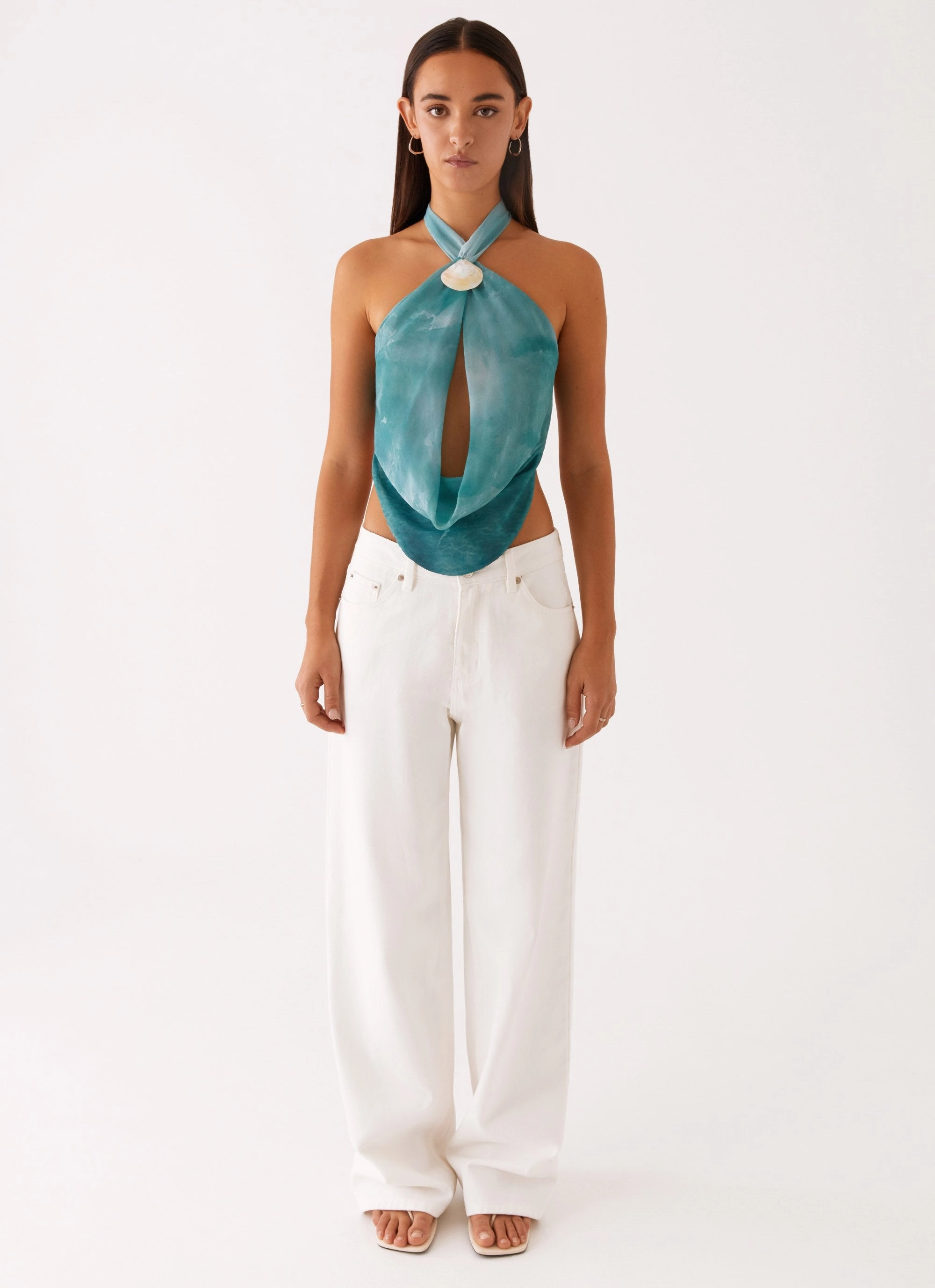 Zola Cowl Neck Shell Top - Green Tie Dye Self Fabric Tie